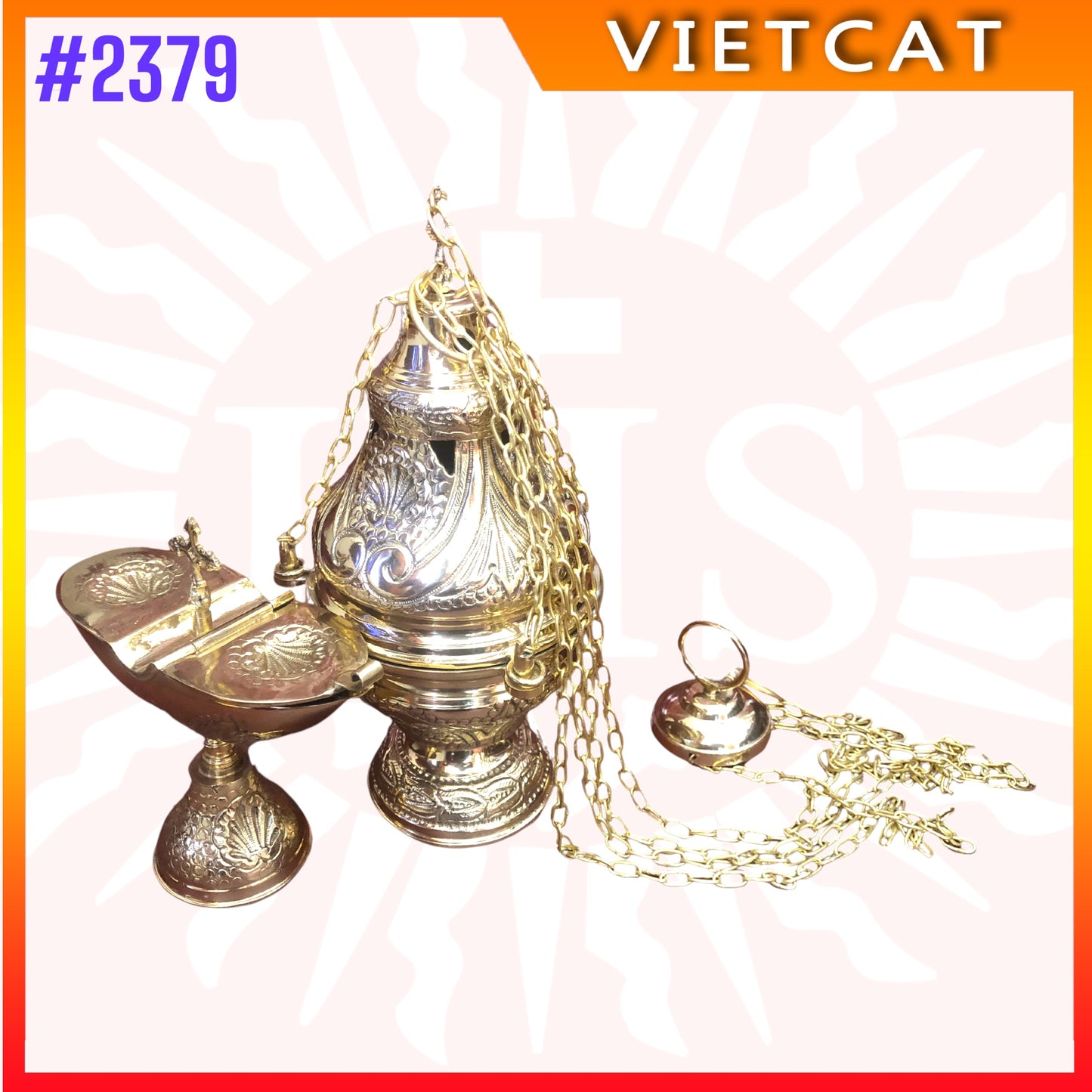#2379 Handcrafted Brass Thurible with Boat|Incense Burner Set|Made in Vietnam|H25cm