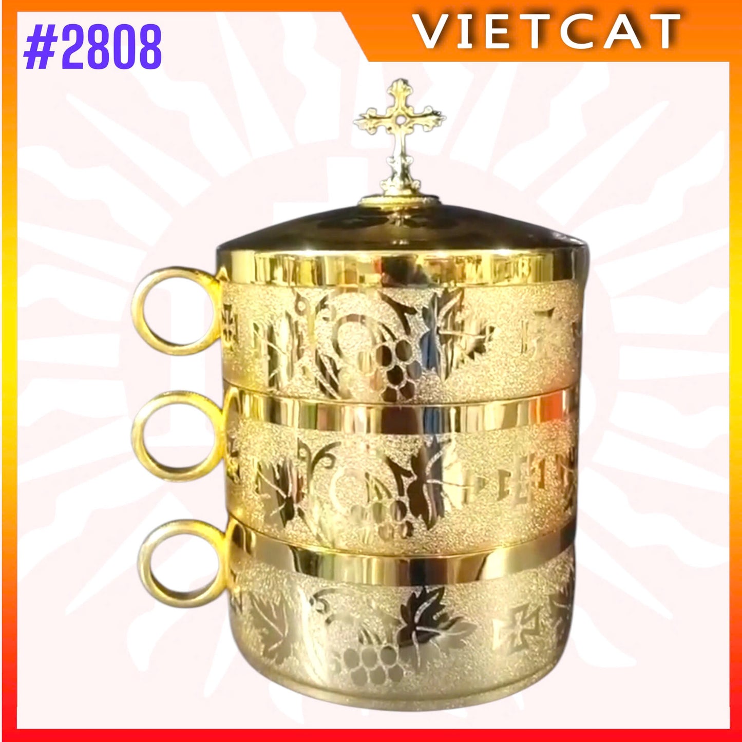 #2808 Premium Three-Layer Gold-Plated Copper Ciborium engraved with sacred motifs of grapes and wheat| H13cm