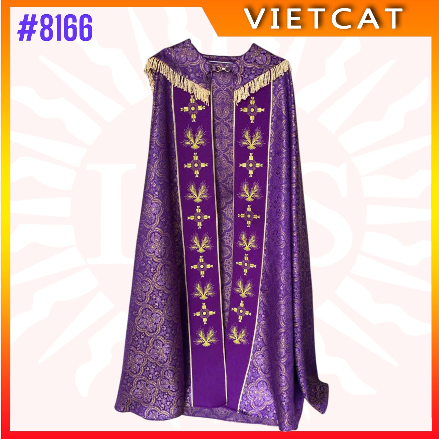 #8166 Vietnam Imported Purple Gappa with crosses and wheat motifs Embroidery | Priest's Cope | Liturgical Vestment