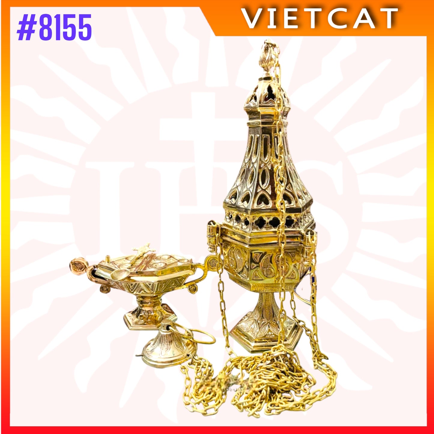 #8155 Premium Hexagonal Tower-style Brass Thurible with boat|Incense Burner |Made in Vietnam|H30cm