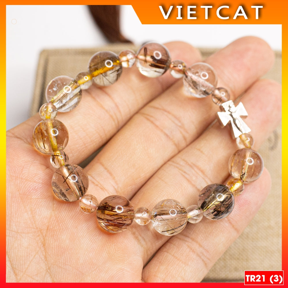 Rosary Bracelet - Natural multi-color rutilated quartz bracelet - TR21 for men and women - Catholic gift