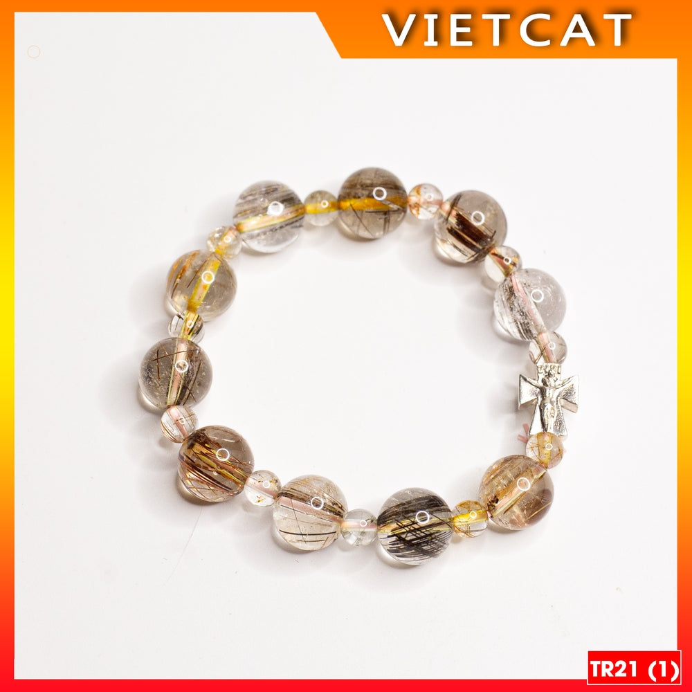 Rosary Bracelet - Natural multi-color rutilated quartz bracelet - TR21 for men and women - Catholic gift