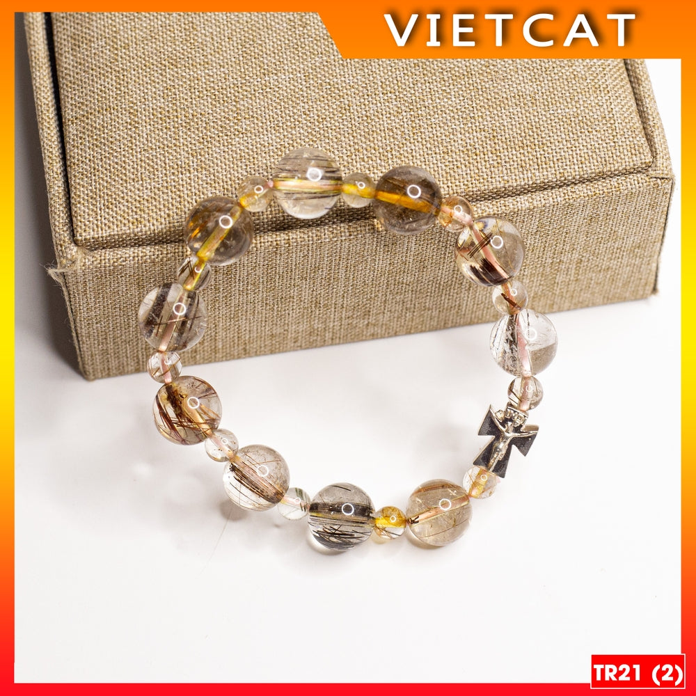 Rosary Bracelet - Natural multi-color rutilated quartz bracelet - TR21 for men and women - Catholic gift