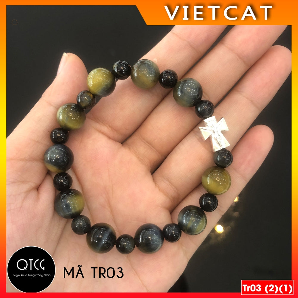 Rosary - Natural Falcon Eye Stone Rosary - Model TR03 for men and women - Delicate and meaningful Catholic gift