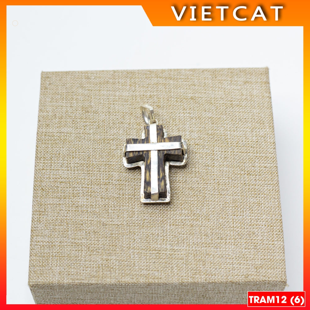 TRAM12 Agarwood Cross Pendant covered with pure silver (3x2.5cm) Catholic gift