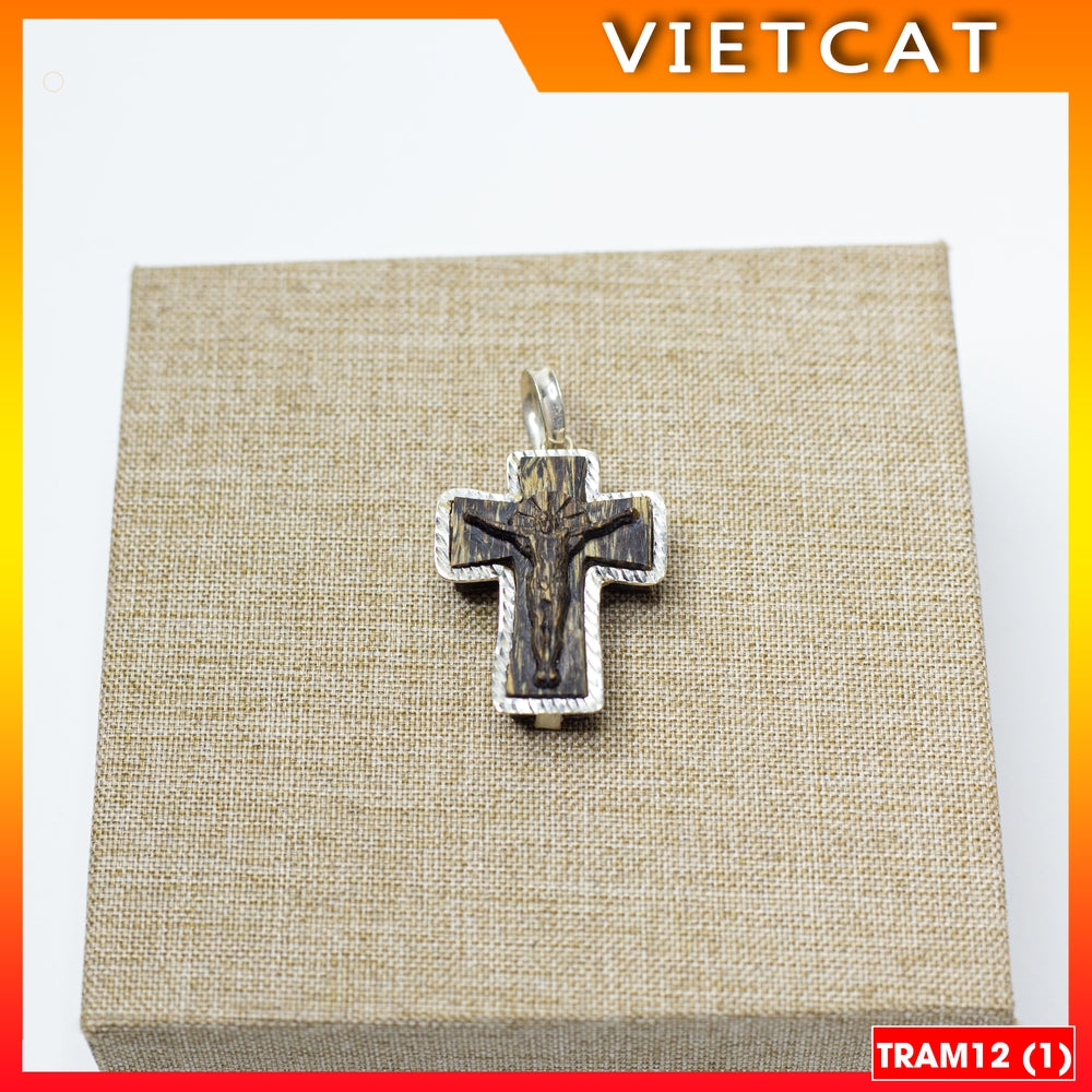 TRAM12 Agarwood Cross Pendant covered with pure silver (3x2.5cm) Catholic gift