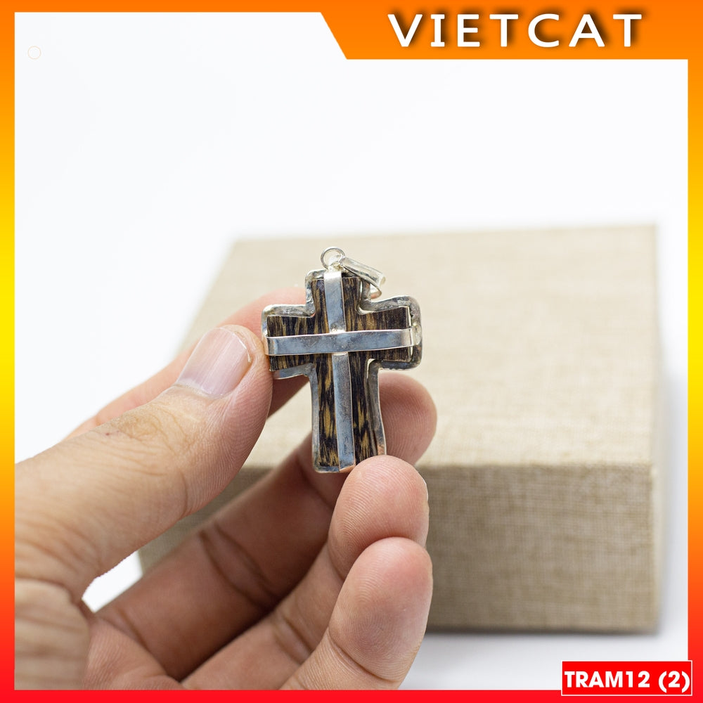 TRAM12 Agarwood Cross Pendant covered with pure silver (3x2.5cm) Catholic gift
