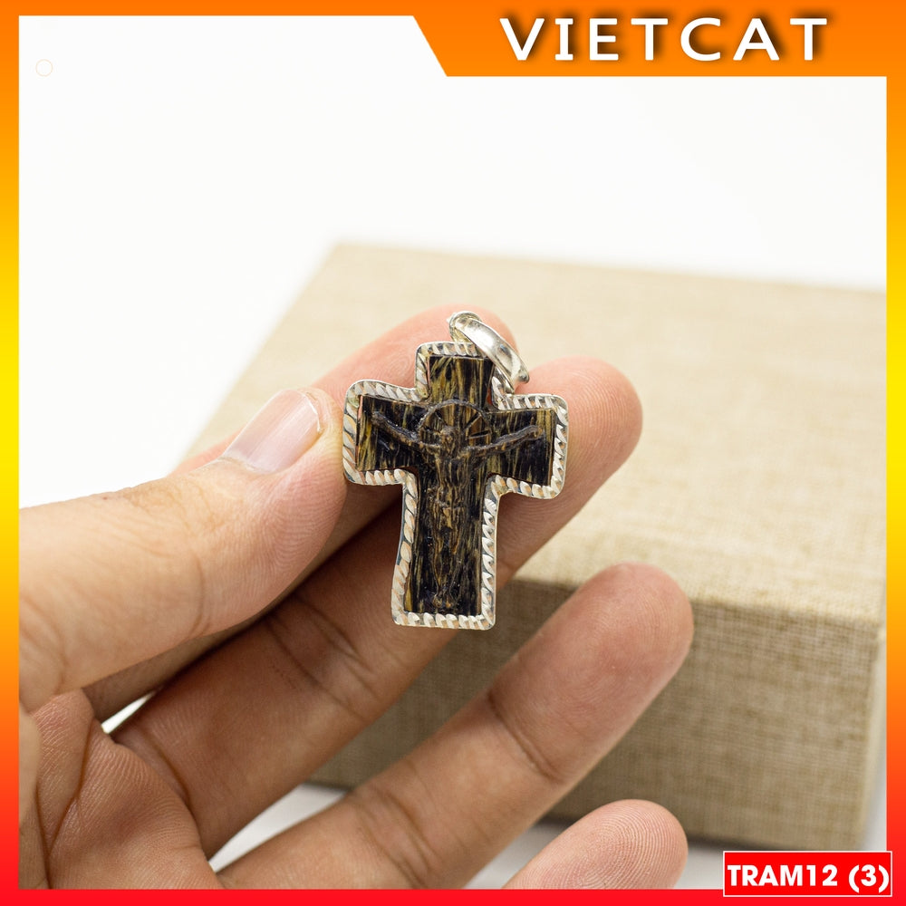TRAM12 Agarwood Cross Pendant covered with pure silver (3x2.5cm) Catholic gift
