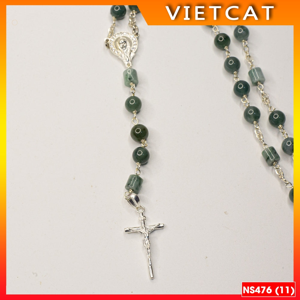 Rosary - 50 Natural Blue Jade Beads Rosary, Green Stone Bracelet - Model NS476 - Catholic, Christmas Gift