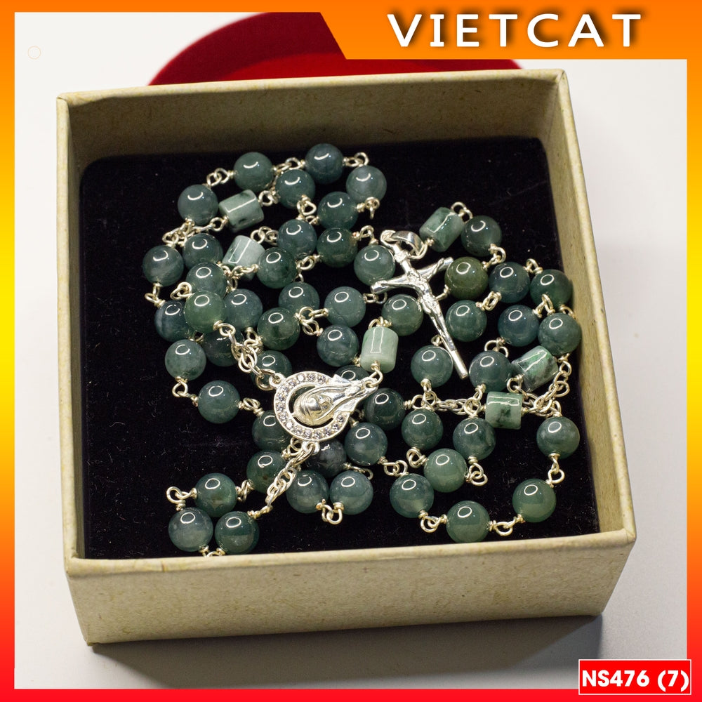 Rosary - 50 Natural Blue Jade Beads Rosary, Green Stone Bracelet - Model NS476 - Catholic, Christmas Gift