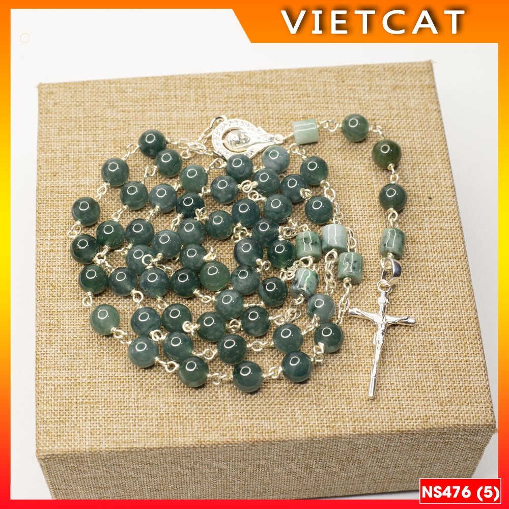 Rosary - 50 Natural Blue Jade Beads Rosary, Green Stone Bracelet - Model NS476 - Catholic, Christmas Gift