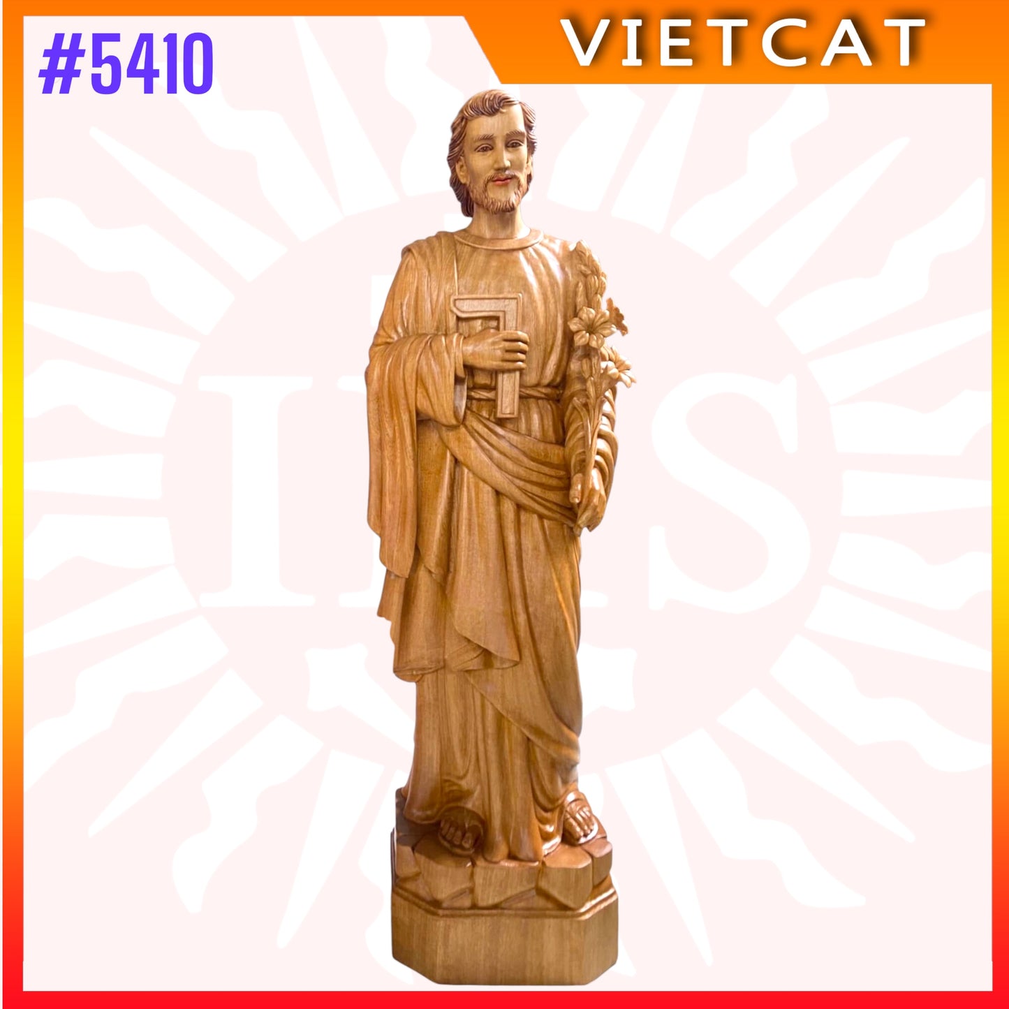 #5410 Hand-Carved Wooden Statue of Saint Joseph (with Lily and Saw)