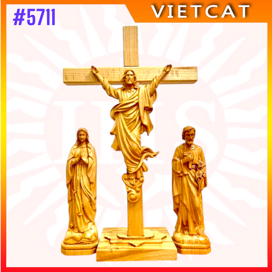 #5711 Wooden Risen Crucifix Altar H36cm + Blessed Maria H20cm + St. Joseph H20cm｜COMBO