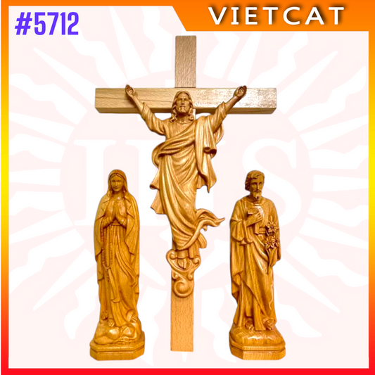 #5712 Wooden Risen Crucifix Wall Cross H45cm + Blessed Maria H25cm + St. Joseph H25cm｜COMBO