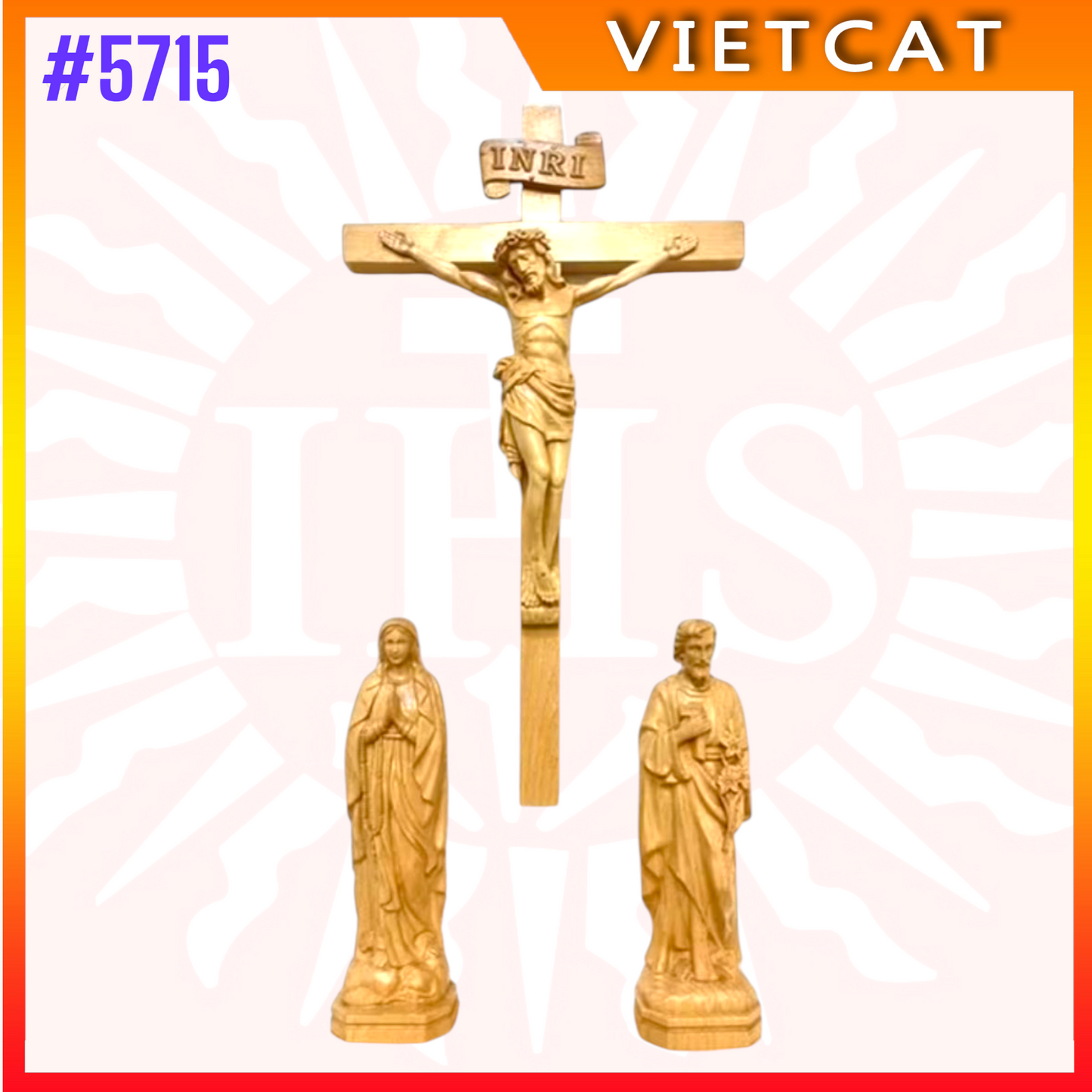 #5715 Wooden Crucifix Wall Cross H45cm + Blessed Maria H25cm + St. Joseph H25cm｜COMBO