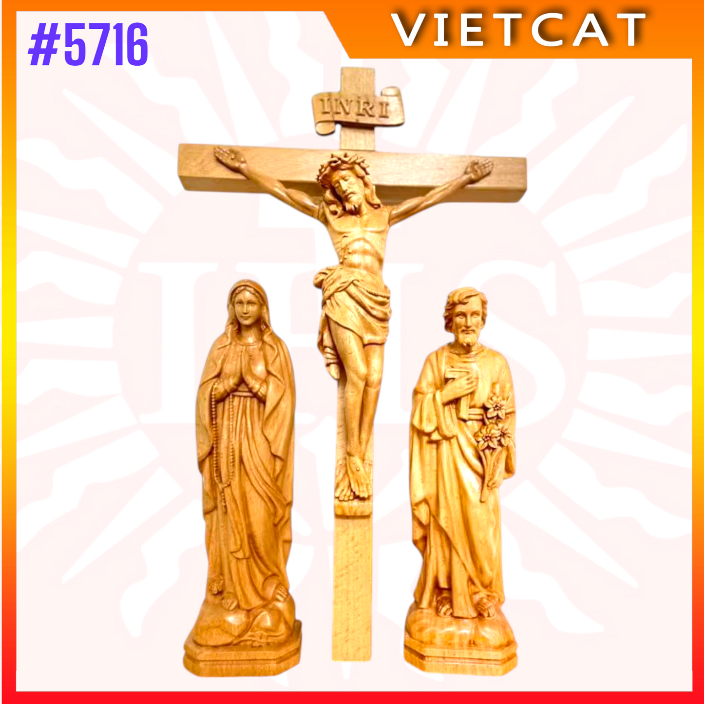 #5716 Wooden Crucifix Wall Cross H35cm + Blessed Maria H20cm + St. Joseph H20cm｜COMBO