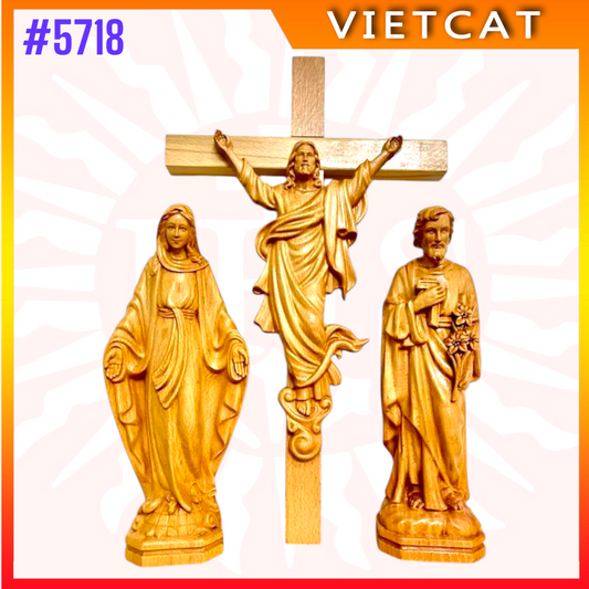 #5718 Wooden Risen Crucifix Wall Cross H45cm + Blessed Maria H30cm + St. Joseph H30cm｜COMBO
