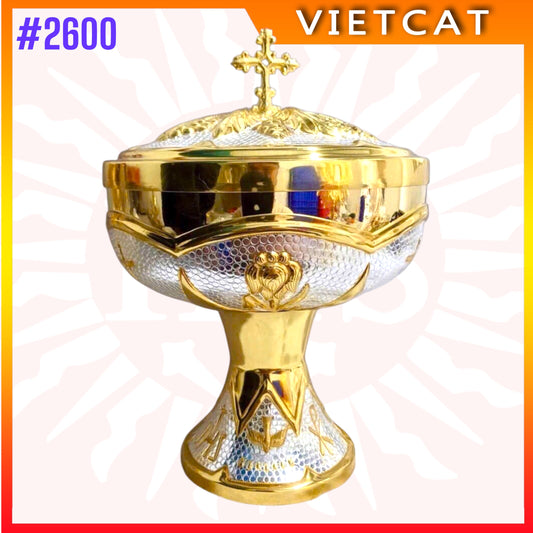 #2600 Premium Gold-Plated Brass Ciborium with Sacred Heart & Scriptural Motifs Patterns| H22cm