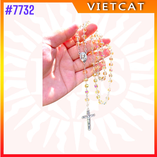 #7732 Handmade Catholic Rosary – 8mm Tea-Colored Crystal Beads – Made in Vietnam