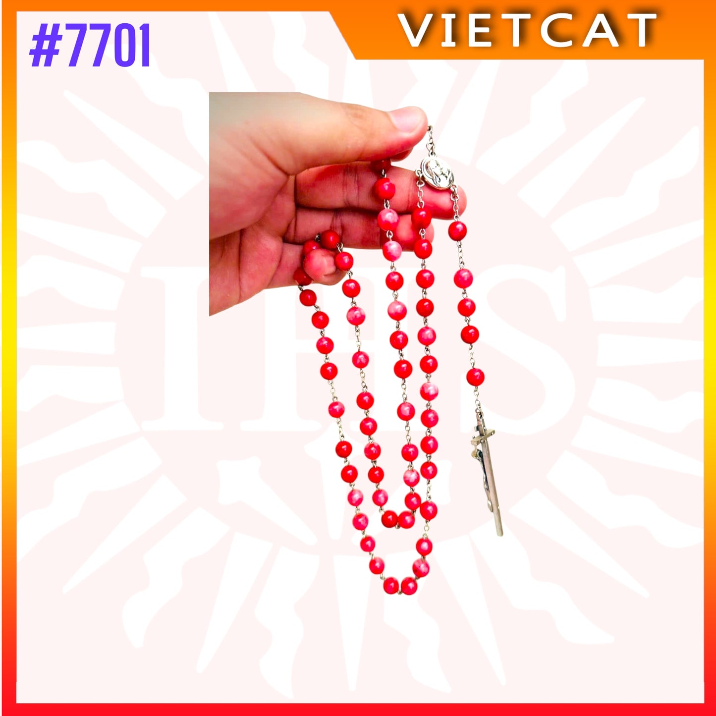 #7701 Handmade Catholic Rosary – 8mm Red Rose Quartz Beads  – Made in Vietnam