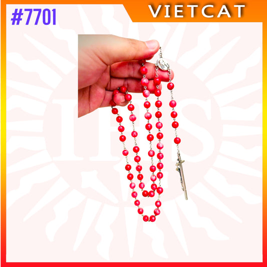 #7701 Handmade Catholic Rosary – 8mm Red Rose Quartz Beads  – Made in Vietnam