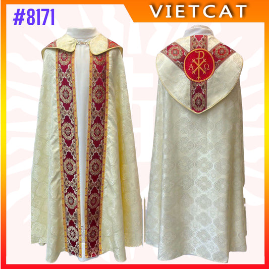 #8171 White Gappa back features the Chi-Rho Christogram flanked by Alpha and Omega | Priest's Cope  |  Liturgical Vestment