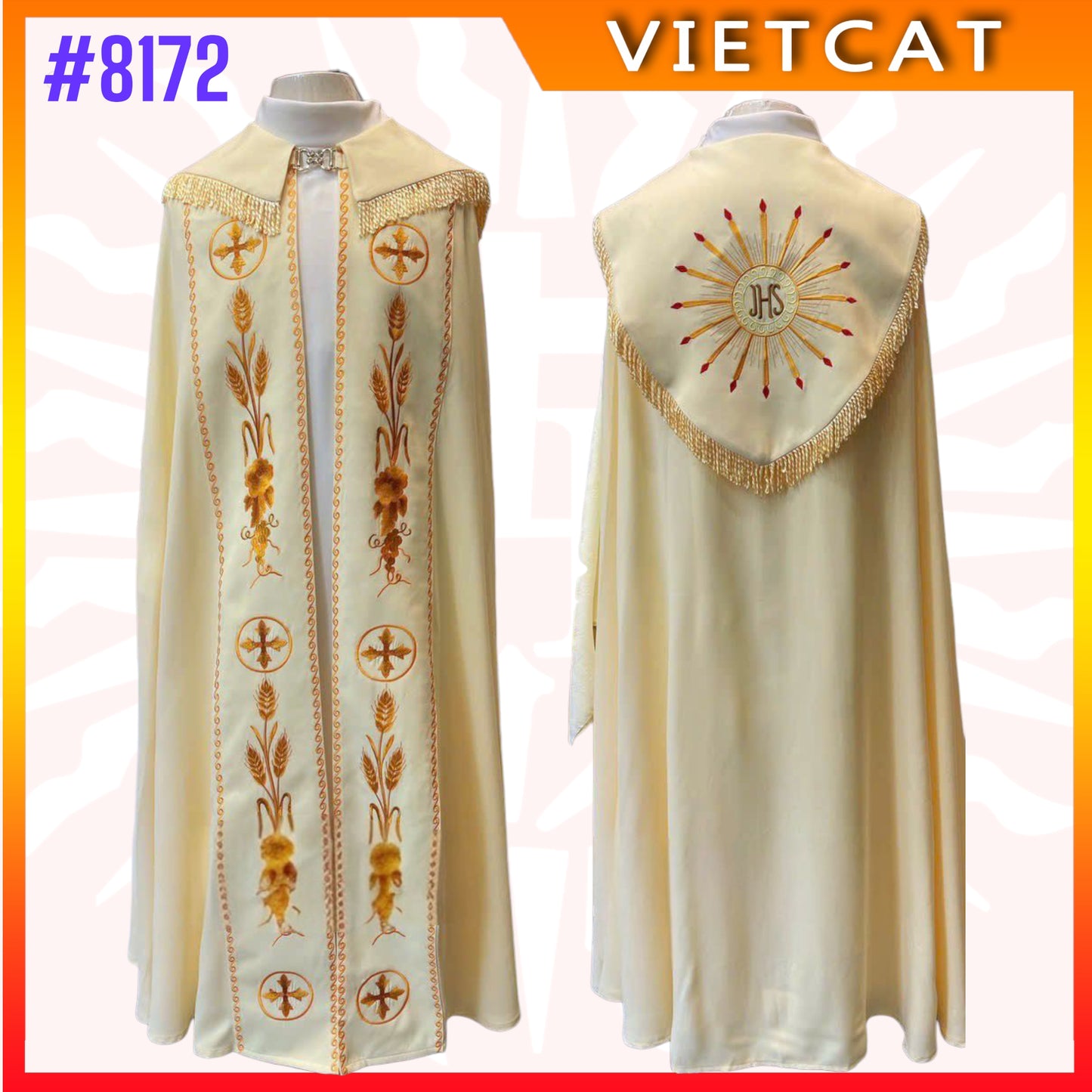 #8172 White Gappa with embroidery of wheat, grapevines, and floral motifs | Priest's Cope  |  Liturgical Vestment