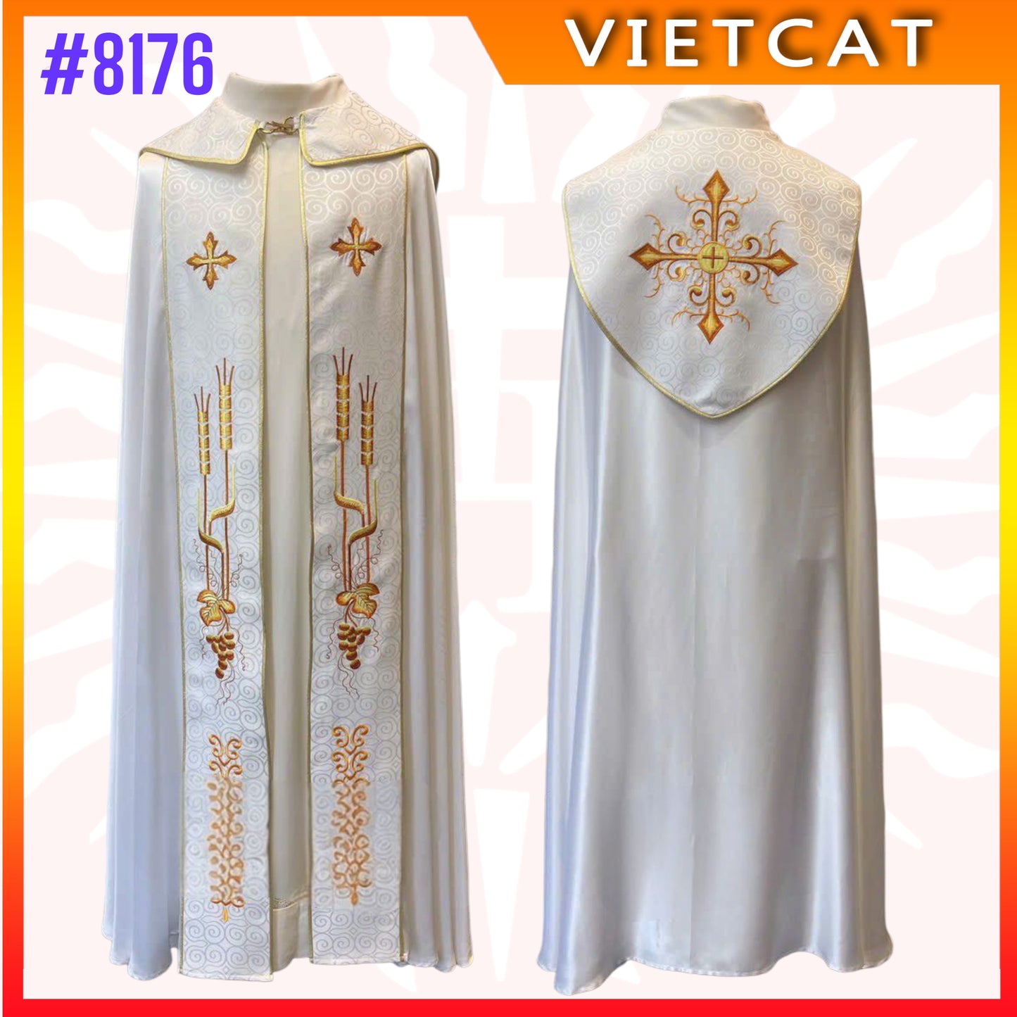#8176 Vietnam Imported White Gappa golden embroidery of the cross, wheat, and grapes | Priest's Cope  |  Liturgical Vestment