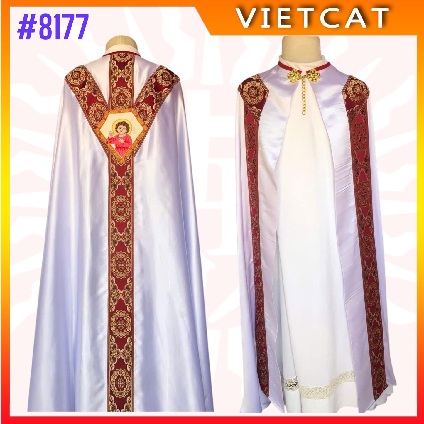 #8177 Vietnam Imported White Gappa golden embroidery of the Holy Child Jesus | Priest's Cope  |  Liturgical Vestment