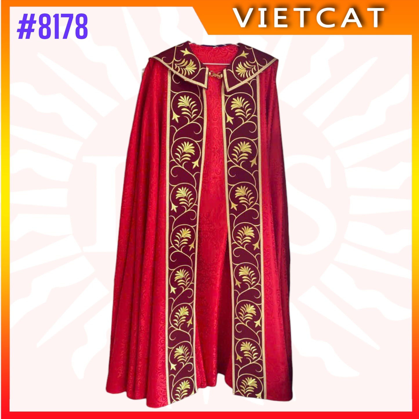 #8178 Vietnam Imported Red Gappa with Golden embroidered vine motifs | Priest's Cope  |  Liturgical Vestment