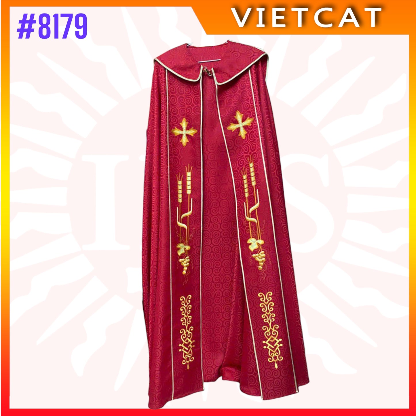 #8179 Vietnam Imported Red Gappa with cross, wheat, and grapes embroidery | Priest's Cope  |  Liturgical Vestment