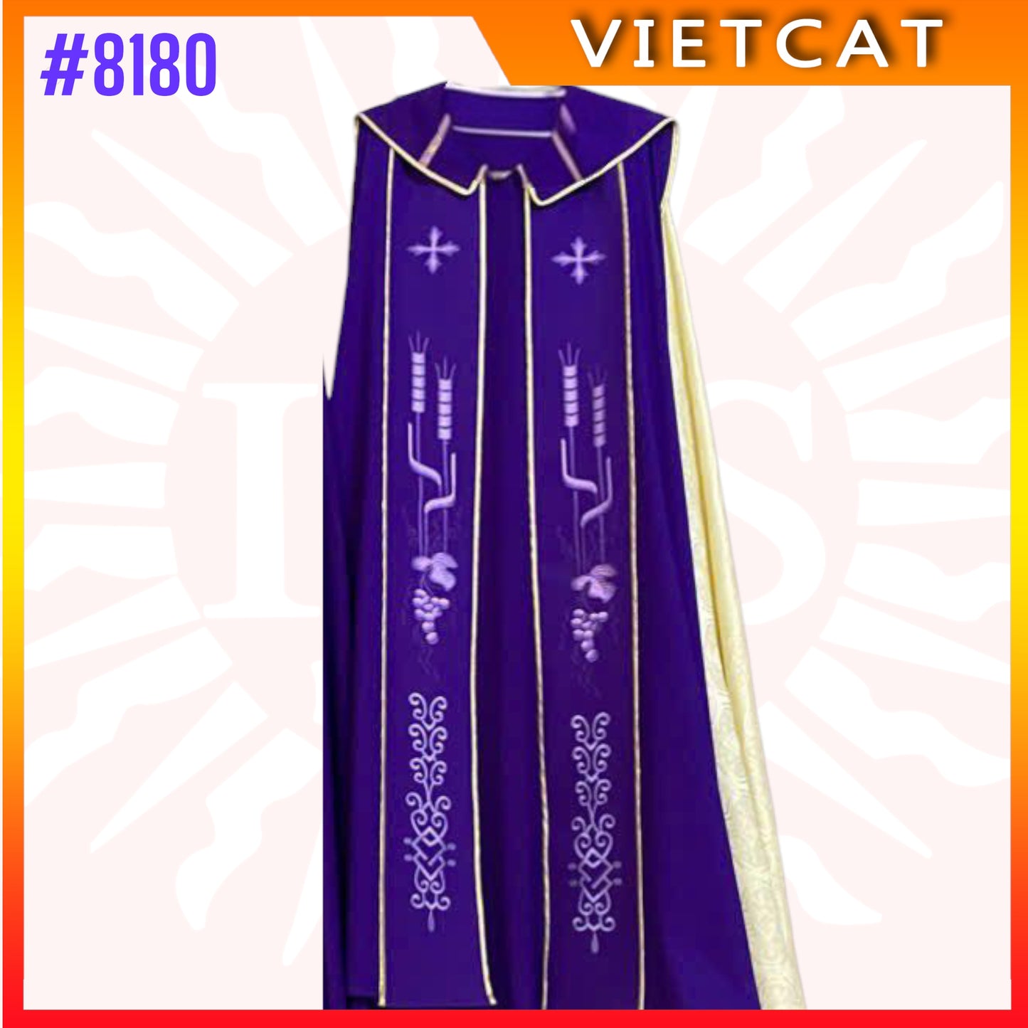 #8180 Vietnam Imported Purple Gappa with wheat and floral motifs embroidery | Priest's Cope  |  Liturgical Vestment