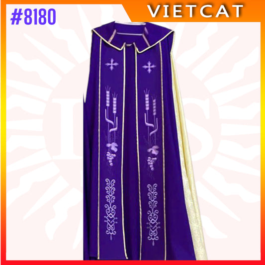 #8180 Vietnam Imported Purple Gappa with wheat and floral motifs embroidery | Priest's Cope  |  Liturgical Vestment