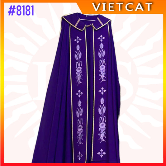 #8181 Vietnam Imported Purple Gappa with wheat and floral motifs embroidery | Priest's Cope  |  Liturgical Vestment