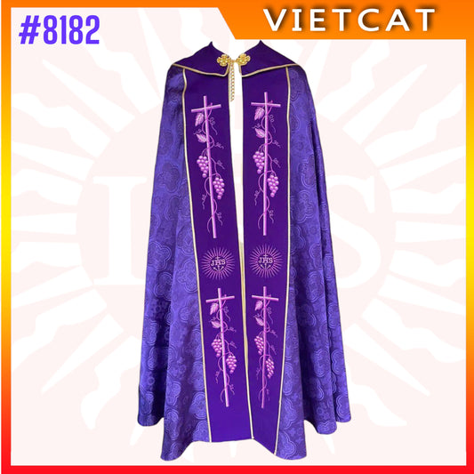 #8182 Vietnam Imported Purple Gappa with grapes and crosses embroidery | Priest's Cope  |  Liturgical Vestment