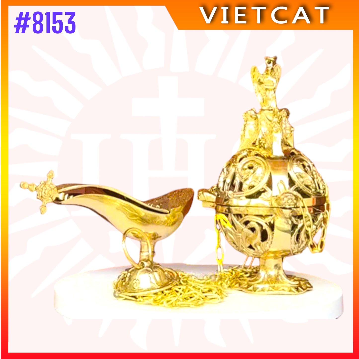 #8153 Premium Brass Thurible with boat｜Incense Burner ｜Made in Vietnam｜H25cm