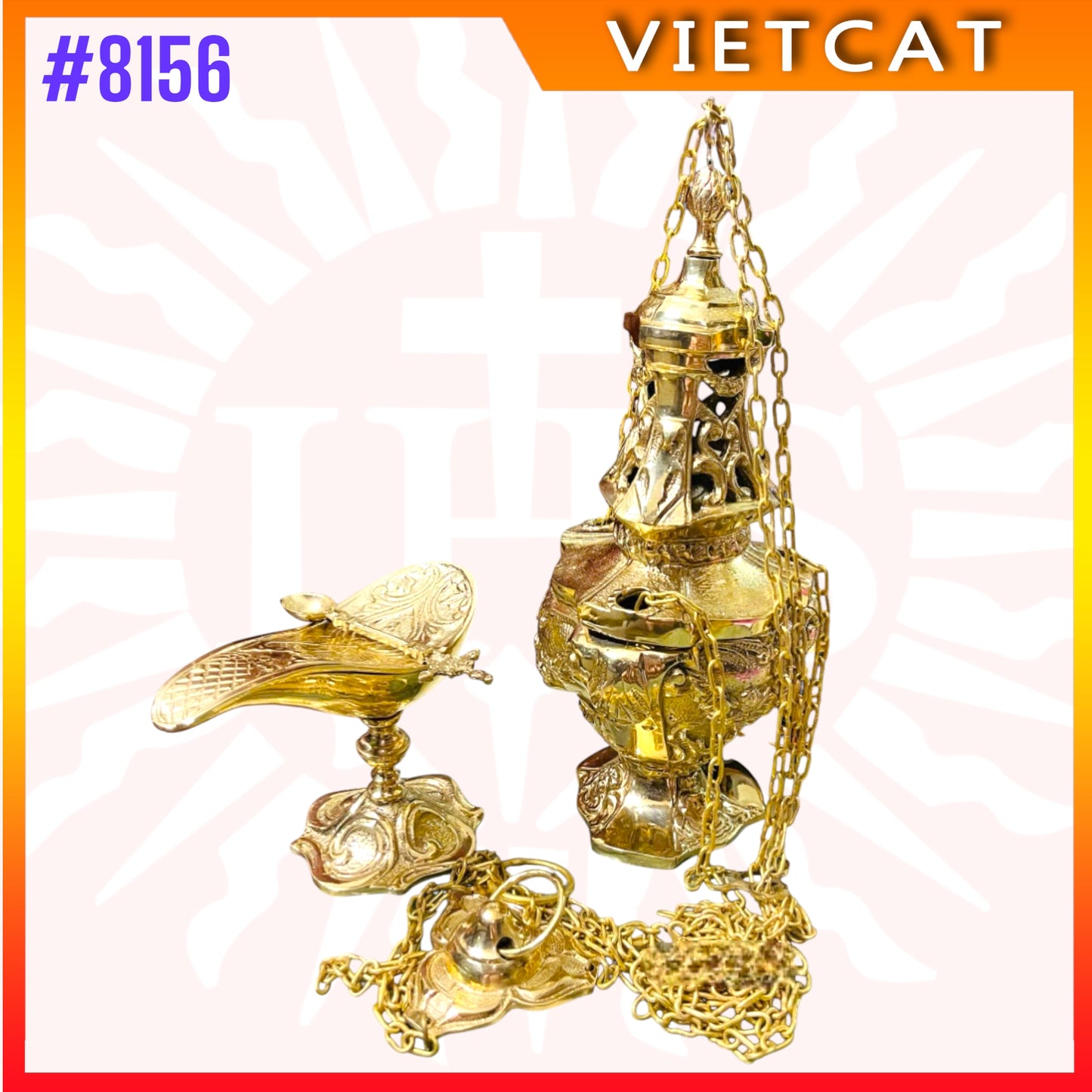 #8156 Premium Brass Thurible with boat｜Incense Burner Set｜Made in Vietnam｜H30cm