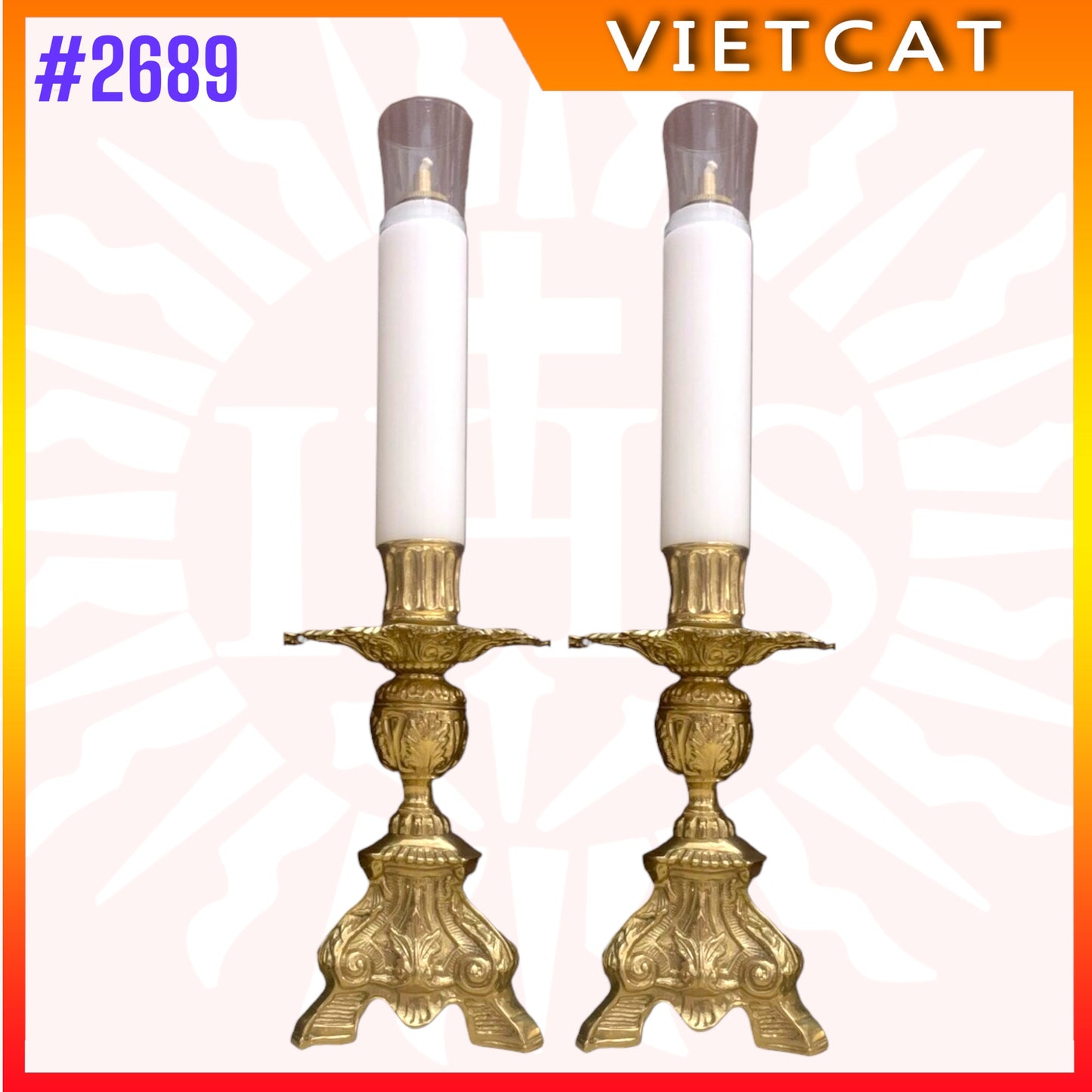 #2689 Altar Brass Candle Holders with Stearine Candles | Made in Vietnam  | H 50cm