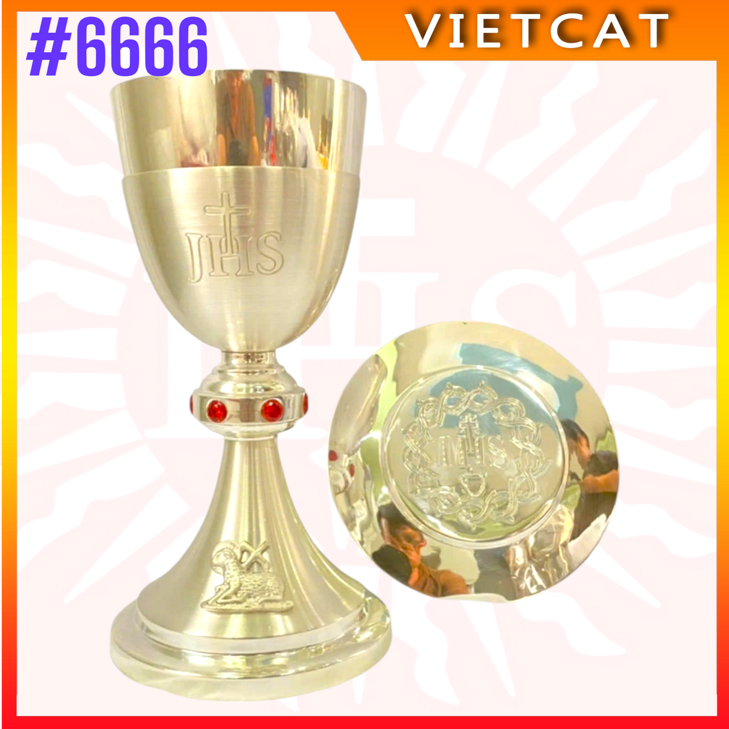 #6666 Premium Sterling Silver Chalice with Gemstones｜Red gemstone inlay | H20.5cm