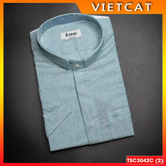 Blue Linen Short Sleeve Priest Collar Shirt TSC3042C - Gift for Patron Saint's Day, Ordination, Parish Priest's Birthday
