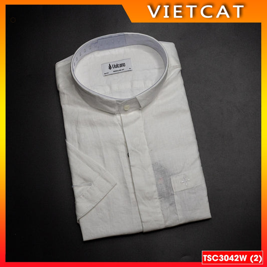 White cotton short-sleeved priest collared shirt TSC3042W - Gift for patronal feast, ordination, parish priest's birthday