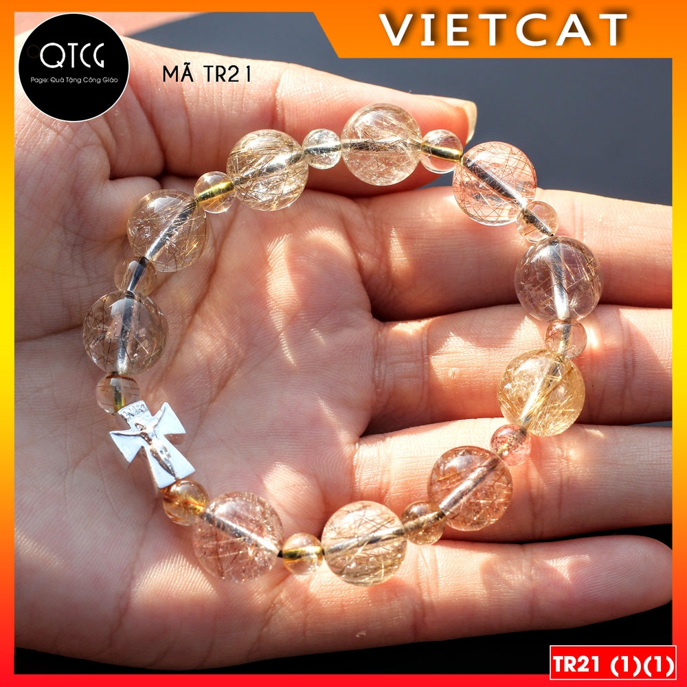 Rosary Bracelet - Natural multi-color rutilated quartz bracelet - TR21 for men and women - Catholic gift