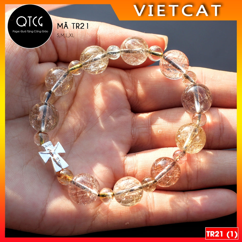Rosary Bracelet - Natural multi-color rutilated quartz bracelet - TR21 for men and women - Catholic gift