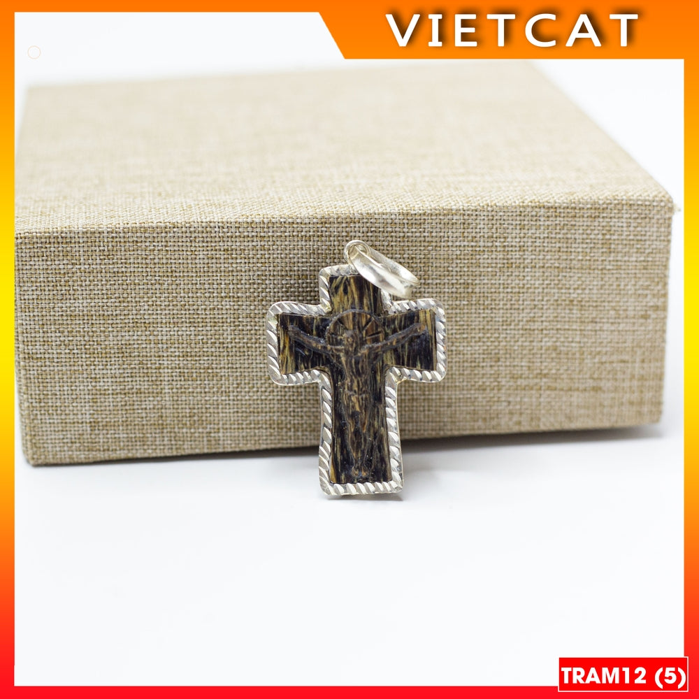 TRAM12 Agarwood Cross Pendant covered with pure silver (3x2.5cm) Catholic gift