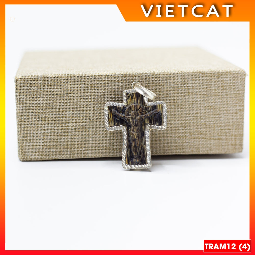 TRAM12 Agarwood Cross Pendant covered with pure silver (3x2.5cm) Catholic gift