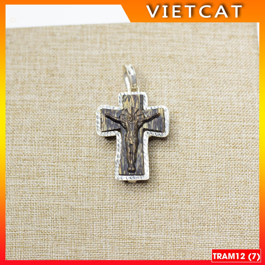 TRAM12 Agarwood Cross Pendant covered with pure silver (3x2.5cm) Catholic gift