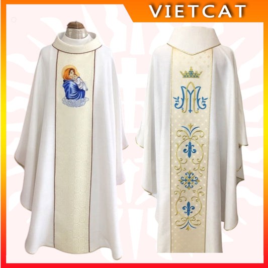 Platinum gold Priest's Vestment embroidered with image of the Virgin Mary AL6-2 Gift for patronal feast, ordination, parish priest's birthday