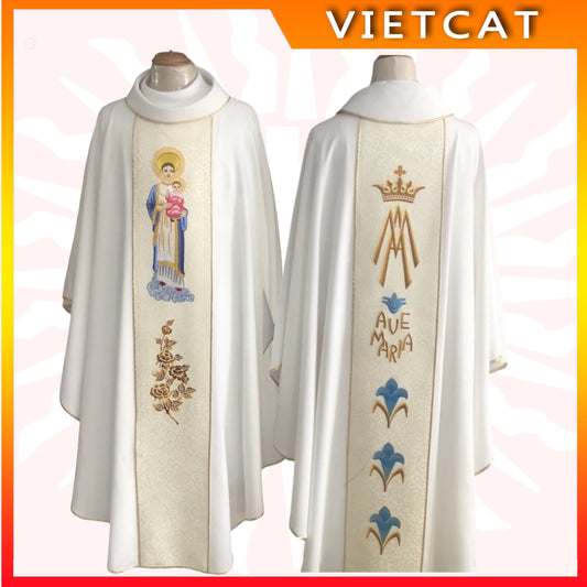 Platinum gold Priest's Vestment embroidered with image of the Virgin Mary AL6-3 Gift for patronal feast, ordination, parish priest's birthday