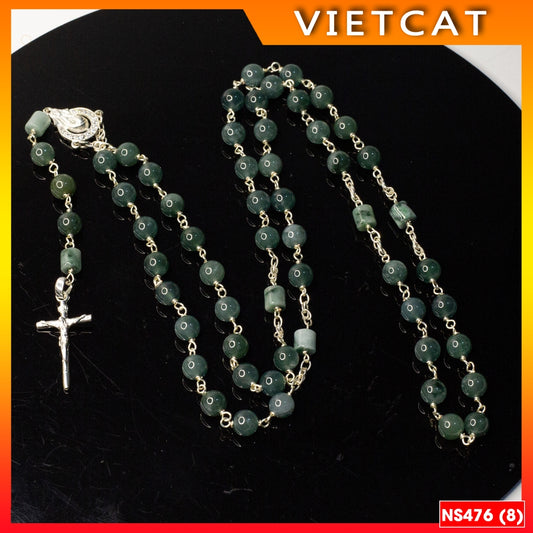 Rosary - 50 Natural Blue Jade Beads Rosary, Green Stone Bracelet - Model NS476 - Catholic, Christmas Gift