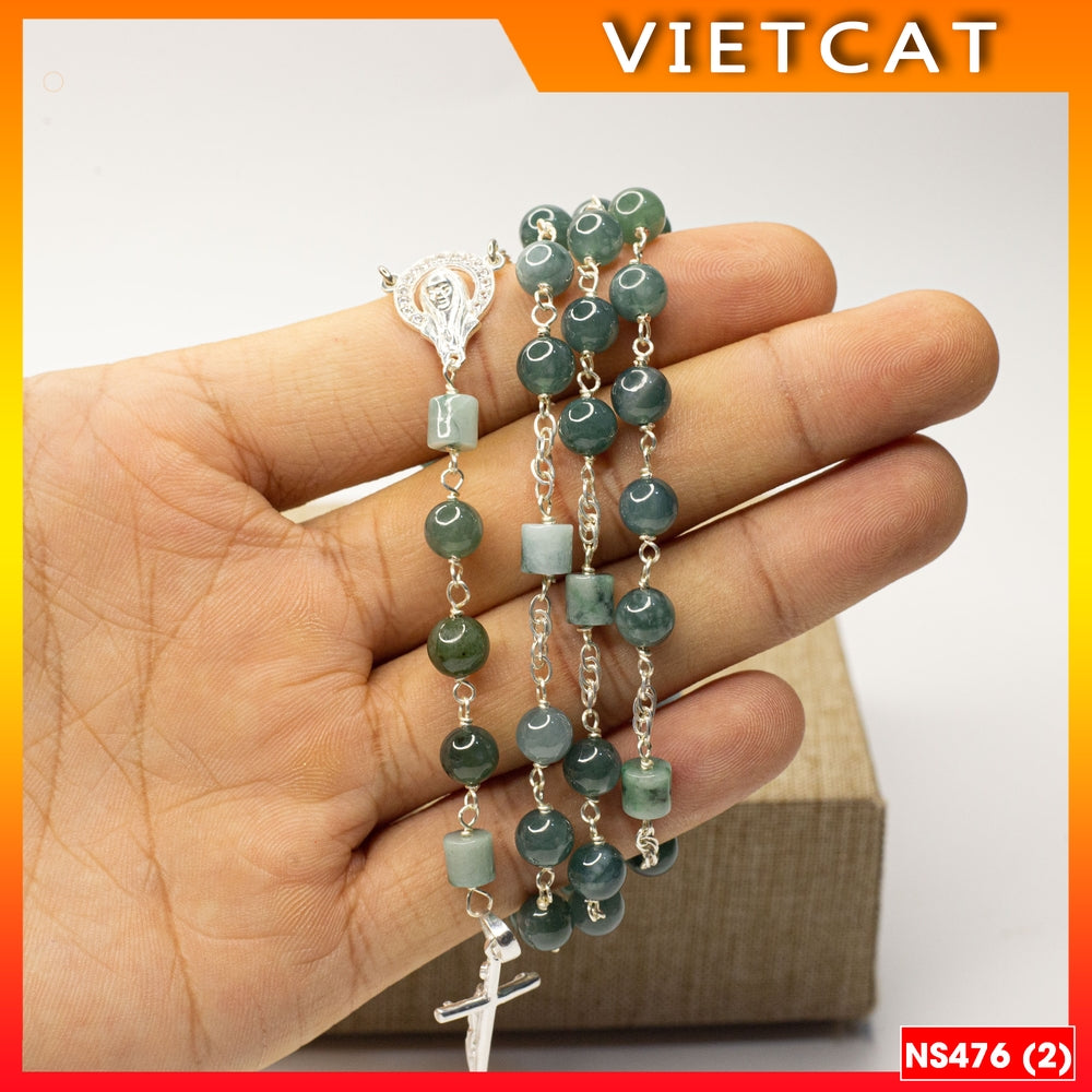 Rosary - 50 Natural Blue Jade Beads Rosary, Green Stone Bracelet - Model NS476 - Catholic, Christmas Gift